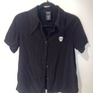 Women's Black Button Down Shirt with Skull Embroidery